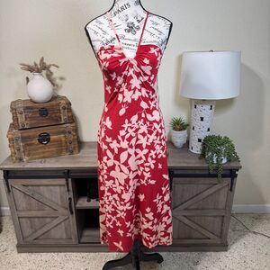 BCBG Y2k Red Floral Strappy Sleeveless Midi Dress Size L Low Back Tropical